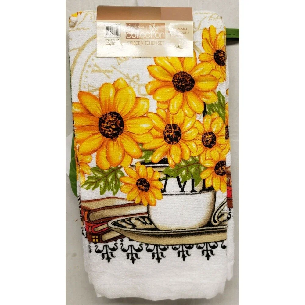 5pc Set: 2 Pot Holders, 1 Oven Mitt & 2 Same Towels, SUNFLOWERS & BOOKS,green,KC